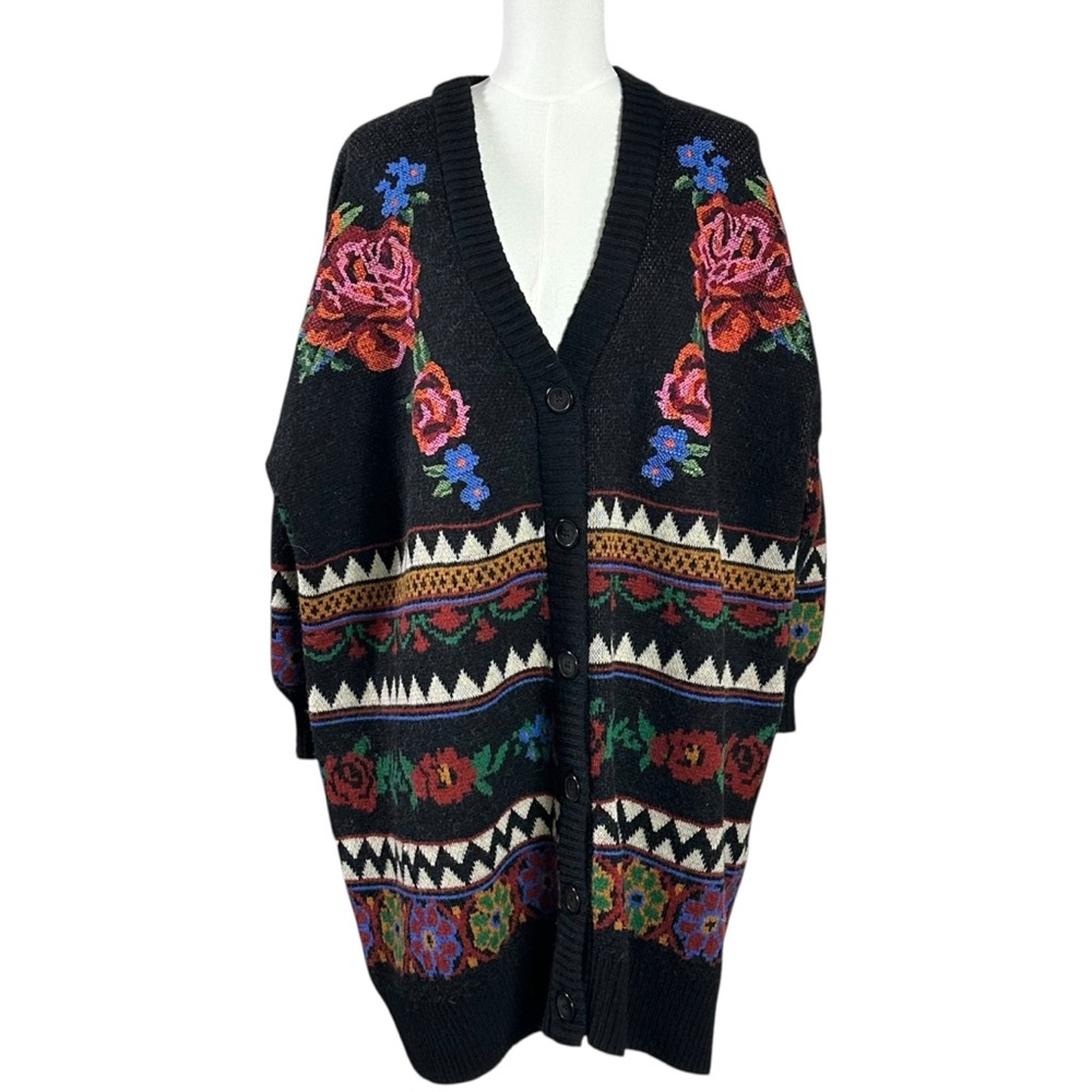 FARM Rio Black Floral Embroidered Chunky Cardigan with Red & Blue Roses - Picture 10 of 15